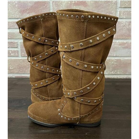 Minnetonka Tall Studded Strap Boots 1642 Brown Leather Women's Size 7 - Picture 6 of 9